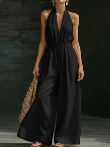 Combinaison de soirée formelle transfrontalière style européen et américain, col en V, coupe droite, jambe large, ensemble simple - Product Image 3