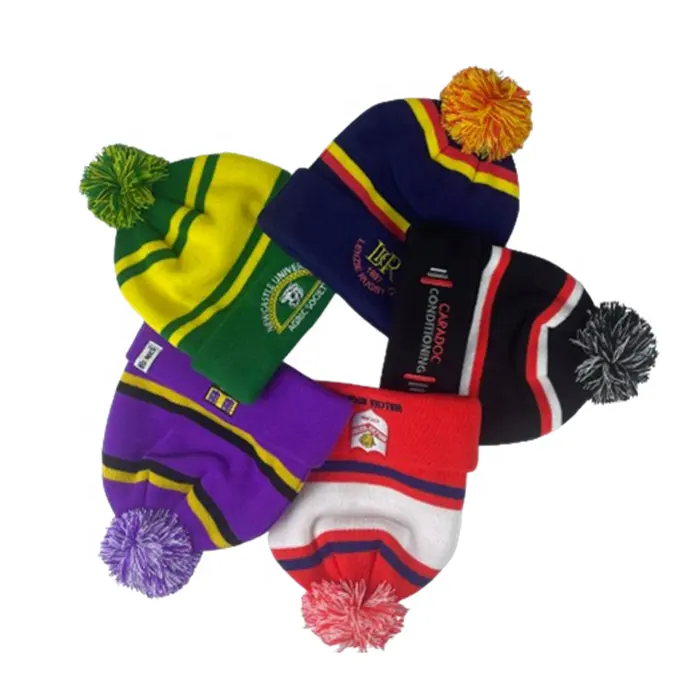 Custom Wholesale Logo Winter Sports Football Knitted Embroidered Bobble Hat Pom Pom Beanies