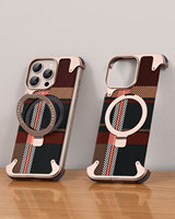 Étui de téléphone à chargement sans fil en métal assemblé motif à carreaux classique cadre en métal support d'anneau rotatif à 360 degrés support de téléphone