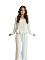 Ensemble pyjama 2 pièces en viscose pour femme, taille élastique, col ample, manches longues, séchage rapide, tissé uni, design décontracté, printemps automne