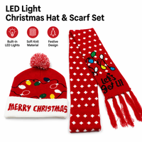 Set Topi dan Syal Natal LED Custom OEM, Rajutan Lembut dengan Pom Pom, Syal Senada, Kostum Pesta Natal Musim Dingin, Set Hadiah