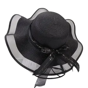 Wholesale spring summer beach vacation sunhat wide brim travel sunshade sunscreen womens straw hat with lace trim