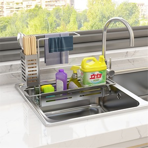 Kitchen Stainless Steel Double Tier Modern Retractable <b>Sink</b> Drain Basket Towel <b>Storage</b> Rack Punch-Free - Product Image 4