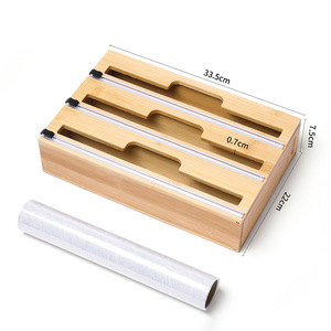 Découpeur de film alimentaire en bambou 33,5x22x7,5cm avec support pour rouleau de papier aluminium, boîte de rangement de cuisine - Product Image 1