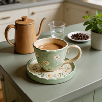 Ensemble tasse et soucoupe en céramique peinte à la main, motif marguerite pastorale, 300 ml, bord festonné à la française, coffret cadeau pour le thé de l'après-midi