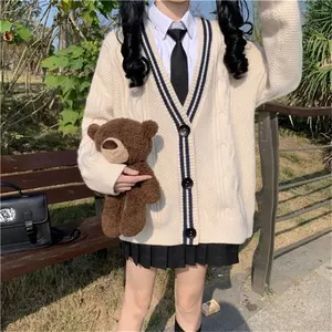 Preppy süße Mädchen Schule Strickjacke Pullover V-Ausschnitt Knopf oben Langarm übergroßen Mantel Y2K Ästhetik Retro Pullover Jacke