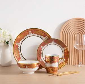 Factory Custom Brand Gold Rim Red Floral Eco-Friendly Porcelain Tableware Premium Banquet Dinner Set Bulk Gift Box Supply - Product Image 1