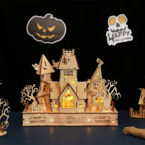 منازل هالوين مصباح ليد 3D خشبية بازل قطع لغز لعب اليدوية DIY الهدايا