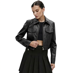 <b>FLY</b> FIT INTERNATIONAL <b>Women's</b> Black PU Faux Leather Breathable Water Resistant Trucker <b>Jacket</b> Long Sleeve Zip Turn Collar Short - Product Image 5