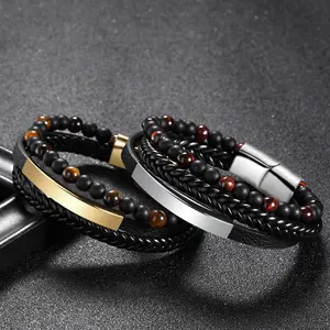 Bracelet stainless steel multi-layer leather braided bracelet for men Punk manual Magnetic button wristband bracelet