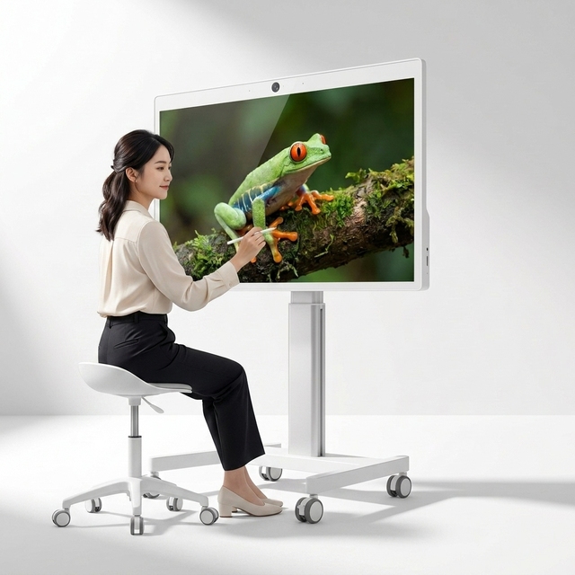 32 Inch White LED Backlight Portable Smart TV Android 15 Touch Screen Floor Standing Monitor 27000mAh Battery 4 Wheel Rolling