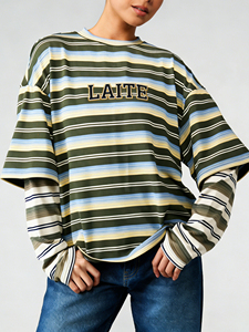 LTD-MTL1011 Giyim Üreticisi Özel Baskılı İşlemeli Şeritli Sahte İki Parçalı Uzun Kollu Erkek ve Kadın Tişörtleri - Product Image 1