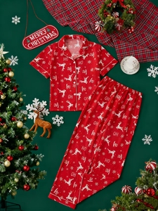 Женский элегантный термокомплект для сна на Рождество: пижама с коротким рукавом, узором оленей и снежинок - Product Image 6