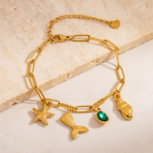 Bracelet en acier inoxydable thème océan, en forme de cœur et d'étoile, avec breloques étoile de mer et queue de poisson en pierre verte, serti clos, bijoux pour femme - Product Image 3