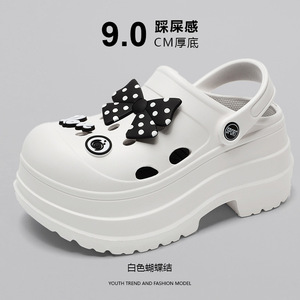 White Thick Sole Clogs <b>With</b> Black Polka Dot <b>Bow</b> Women's Fashion Summer <b>Shoes</b> 9cm Heel Height Crocs Style - Product Image 4