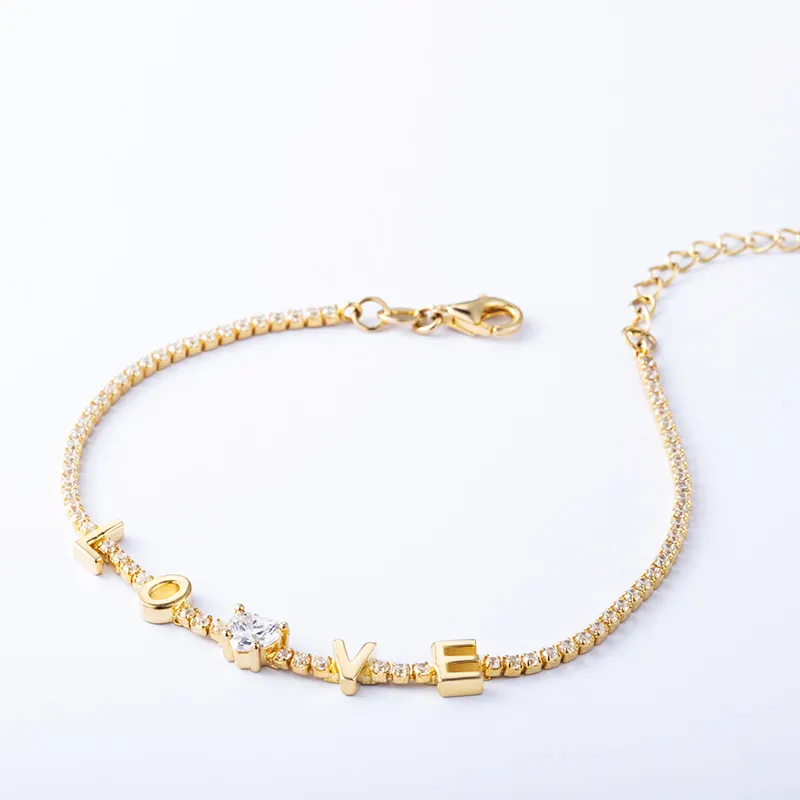 Custom 2.5M Gold Vermeil 14K Gold Silver 925 Plated Love Letter Lab Diamond Baguette Tennis Bracelet