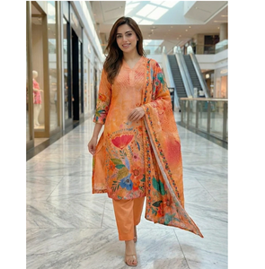 Kurta/Kurti Dupatta en coton à imprimé floral pêche, coupe droite, séchage rapide, sans plis, pour femme, tenue élégante, ethnique, décontractée - Product Image 1