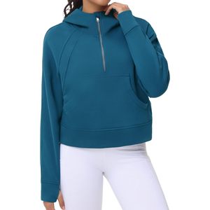 FOXA Sweat à capuche pour femme, demi-zip, manches longues, en polaire, coupe courte, avec poches et trous pour les pouces - Product Image 3