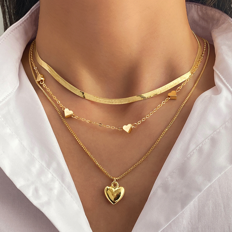 Kisswife 2025 New Fashion Heart Triple Layers Pendant Necklace For Women Girls Jewelry