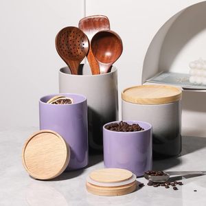 Ceramic Food Storage Jar Stackable Kitchen Canisters <strong>Containers</strong> with Airtight Seal Wooden Lid for <strong>Ground</strong> <strong>Coffee</strong> Tea Sugar - Product Image 4