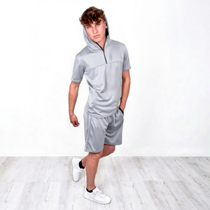 New Arrival <b>Men</b> Hooded <b>Short</b> Sleeve <b>T</b>-<b>Shirt</b> <b>Set</b> Color Blocking <b>Design</b> Quick Dry Sporty Style Summer 100% Polyester <b>Shorts</b> <b>Set</b> - Product Image 1