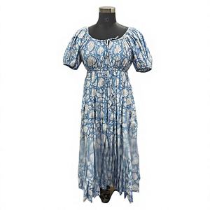 Vestido Maxi Boho de Algodón Tejido con Estampado Floral Azul, Manga Abullonada, Cintura Imperio, Corte A, para Uso Diario, con Cuello Cuadrado, Ajuste Relajado y Tejido Transpirable - Product Image 6