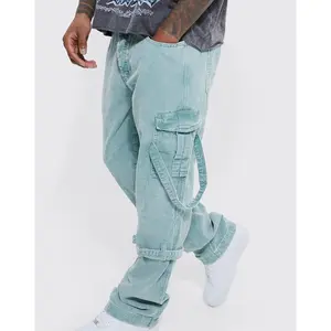 y2k Straight Hip Hop Casual Streetwear Loose Strap Detail Corduroy Baggy Cargo Trousers Custom Acid Wash Pants