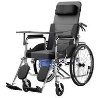 Silla de Ruedas Hidráulica Completamente Reclinable de Acero al Carbono con Ruedas Sólidas de 24 Pulgadas, Cojín de Asiento Lavable, Reposabrazos Extraíbles, Reposapiés Ajustable y Mesa