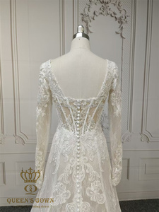 Robe de mariée QUEENSGOWN sexy à col en <span class=keywords><strong>V</strong></span> avec manches détachables, dos illusion, coupe trapèze et traîne fleurie - Product Image 6