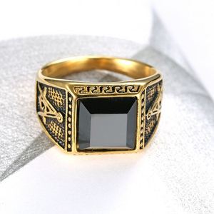 Anillo Masónico de Acero Inoxidable de Alta Calidad, Estilo Retro, Clásico, Simple, Combinable con Todo, Dorado, para Hombre, con Piedra Natural - Product Image 3