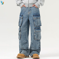 Pantalones Vaqueros Anchos de Mezclilla para Hombre, Estilo Urbano, Lavado Claro, con Múltiples Bolsillos Cargo