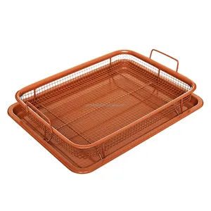 Non-Stick Baking Tray with Grill Crispy Basket Copper Crisper Air Fryer Pan Set of 2 with Rectangular Tray and colander