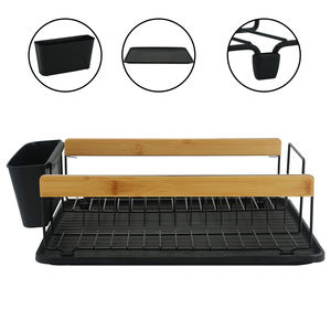 Escurridor de Platos para Encimera de Cocina, Marco de Bambú, <span class=keywords><strong>Metal</strong></span> Grueso, Escurridor de Platos Pequeño con Porta Cuchillos y Tenedores, Bandeja de Drenaje Extraíble, Negro - Product Image 2