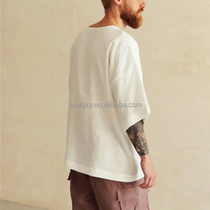 <span class=keywords><strong>Mezza</strong></span> <span class=keywords><strong>manica</strong></span> T-shirt da <span class=keywords><strong>uomo</strong></span> in lino oversize a spalla cadenzata cotone T-shirt Design personalizzato traspirante in bianco T-shirt per gli uomini - Product Image 2