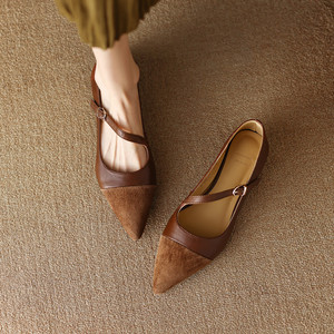 Zapatos individuales puntiagudos marrones Vintage para mujer, cucharón de boca plana y poco profunda, planos franceses con palabra - Product Image 1