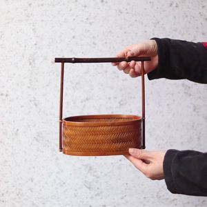 July 7th Handmade <b>Bamboo</b> Lacquer Basket Round Traditional Style Hanging Tea Storage Organizer Fruit Snack <b>Container</b> - Product Image 1
