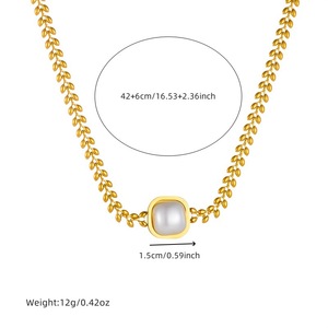 Pearl Square Wheat Ear Chain Gold Plated Necklace Geometric Design Everyday Wear - Product Image 4