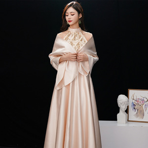 Champagne-Colored Elegant Long Evening Gown High Neck A-Line Satin Wrap And Tie Empire Waistline For Female Hosts And Socialites - Product Image 1