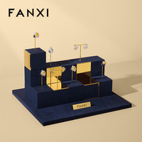 Ensemble de présentoirs à bijoux de luxe en velours, cubes bleu marine, blocs, support à boucles d'oreilles en T doré, accessoires de vitrine modulaires pour boutique