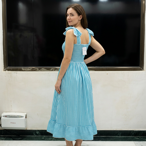 Mint Striped A-Line Midi <b>Dress</b> Square Neck Sleeveless <b>Ruffle</b> Hem Casual Summer <b>Dress</b> Woven Cotton <b>Dress</b> - Product Image 3