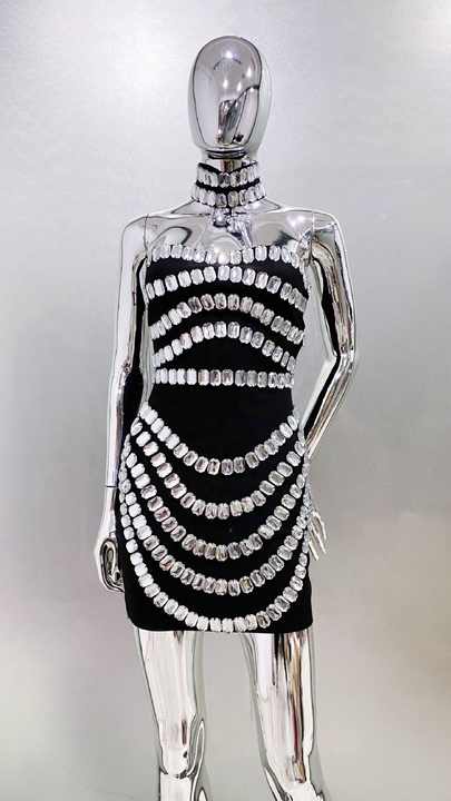 Sexy Women Light Luxury Nail Bead Bandage Dress Hanging Neck Shoulder Short Sleeve Bodycon Long Dress Evening Party Vestido