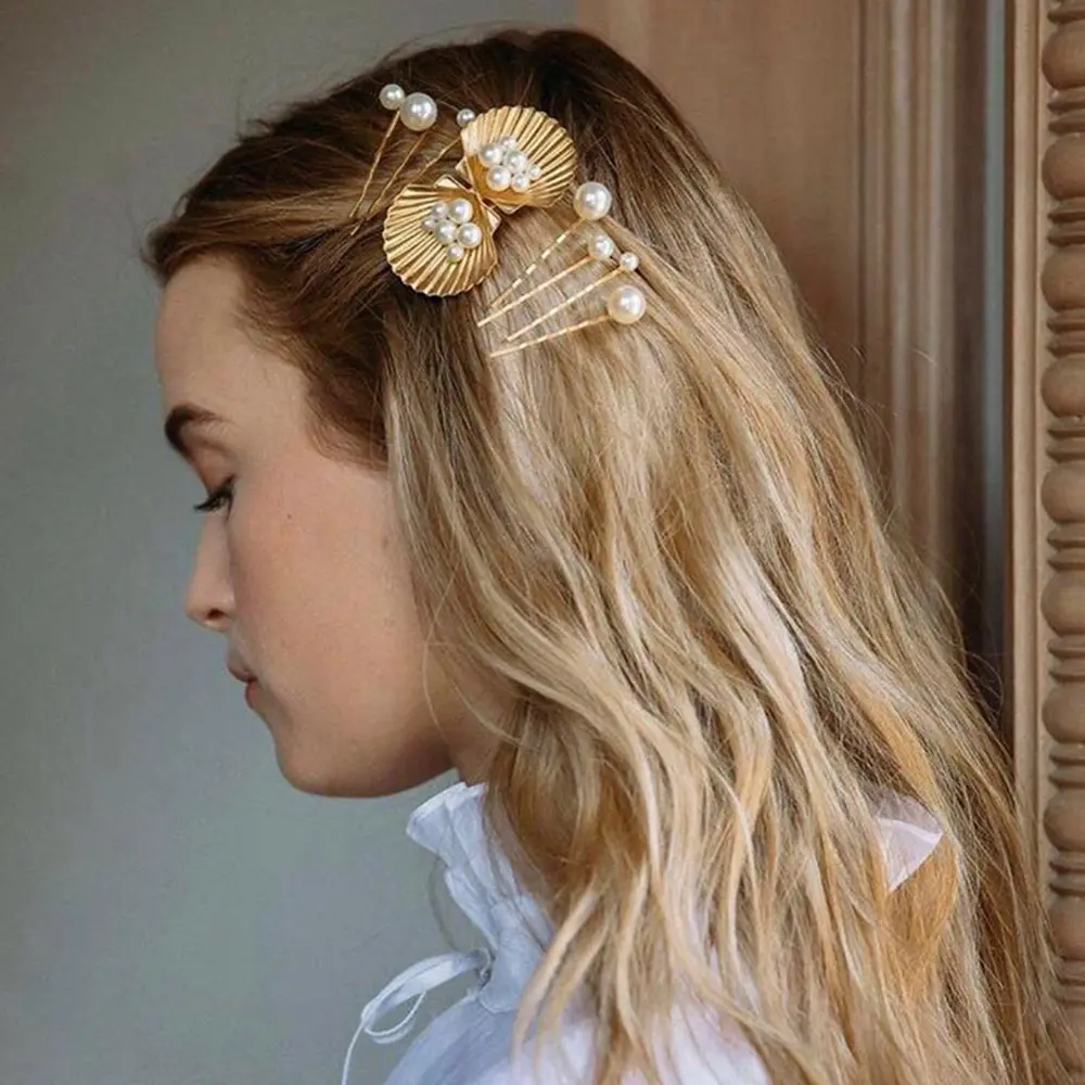 Pinzas para el pelo de estrella de mar de concha chapada en oro estilo playero creativo, pinzas para el pelo de perlas para niña