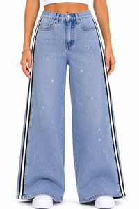 Jeans da Donna a Vita Alta e Gamba Larga con Striscia Laterale a Contrasto, Vestibilità Comoda, Lunghezza Intera, Blu Stonewashed - Product Image 1