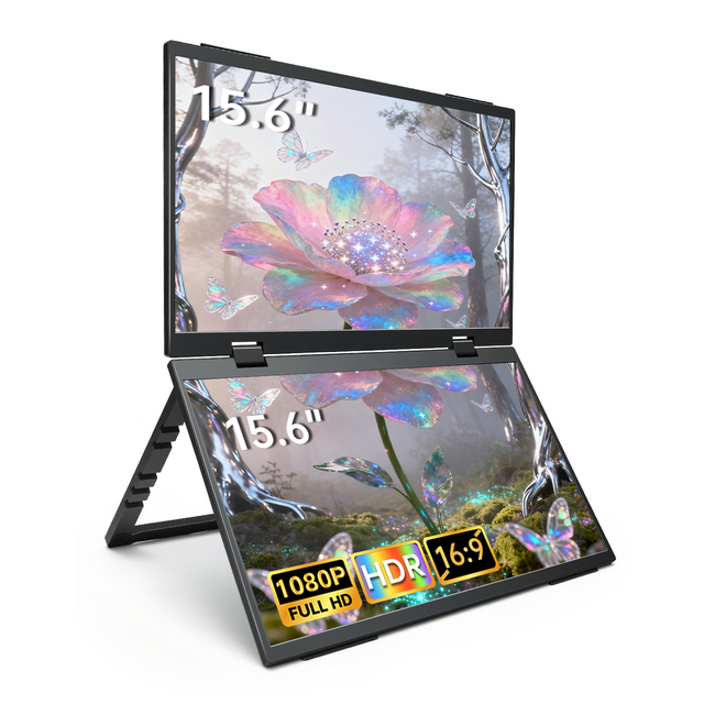 15.6" Portable IPS Foldable Dual Stacked Monitor 1080P FHD Laptop Screen Extender Built-In Stand Single Cable Triple Monitor