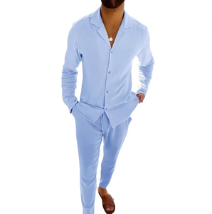 Completi da <span class=keywords><strong>uomo</strong></span> <span class=keywords><strong>in</strong></span> <span class=keywords><strong>lino</strong></span>, primaverili/autunnali, casual, con camicia a maniche lunghe e pantaloni, set due pezzi, <span class=keywords><strong>abbigliamento</strong></span> <span class=keywords><strong>uomo</strong></span> alla moda. - Product Image 2