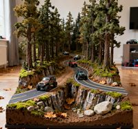 Scène de paysage forestier miniature en plastique pour voitures RC 1:20 avec herbe artificielle, arbres, chemin rocailleux, plateforme d'affichage pour la décoration de la maison
