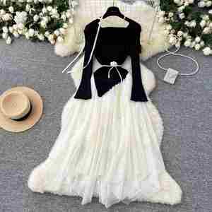 Robe longue décontractée asymétrique en acrylique crocheté patchwork, lavable, respirante, éco-responsable, style féerique, col rabattu, pour l'été - Product Image 3
