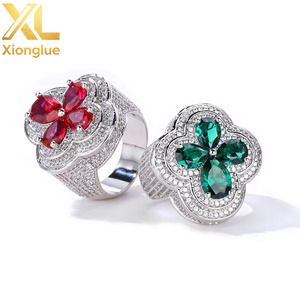 Men's Trendy Hiphop Customize <b>Ring</b> Copper Gold Plated Four Leaf Princess Cut Zircon Green Red Gemstone Flower <b>Iced</b> - Product Image 6