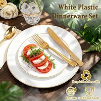 Ensemble de vaisselle jetable en plastique blanc doré de 350 pièces, comprenant des assiettes de 10,25 pouces et 7,5 pouces, des gobelets de 9 oz, des couverts, des serviettes, pour 50 invités