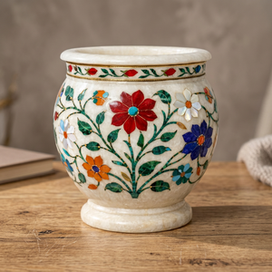 Pot de fleurs décoratif en pierre, fait main, style Art déco, avec incrustation de marbre blanc, motif nature morte, écologique, à poser au sol, pour anniversaire - Product Image 2